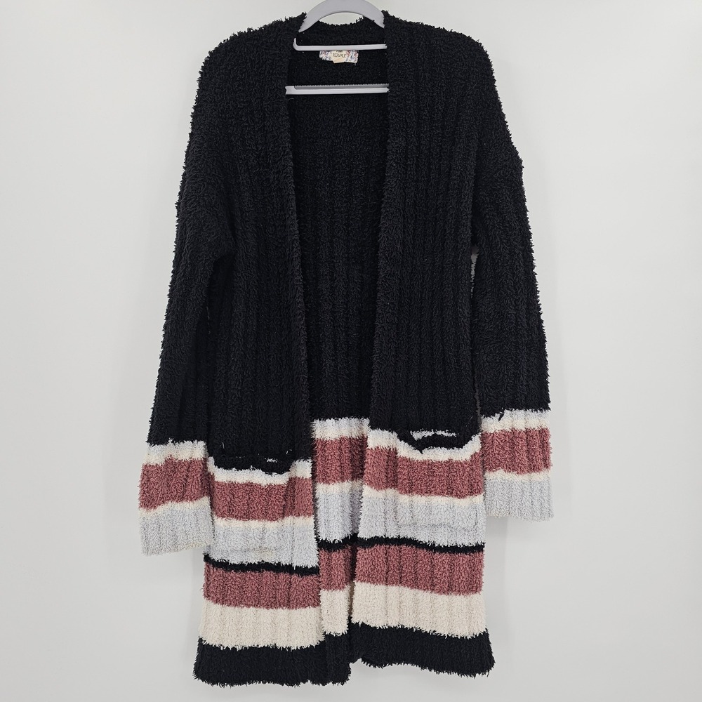Pink Republic Womens Popcorn Knit Longline Cardigan Black Striped Medium Pockets
